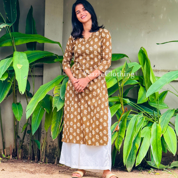 Elegant Mustard Printed Cotton Kurti with White Palazzo – Traditional Charm Collection