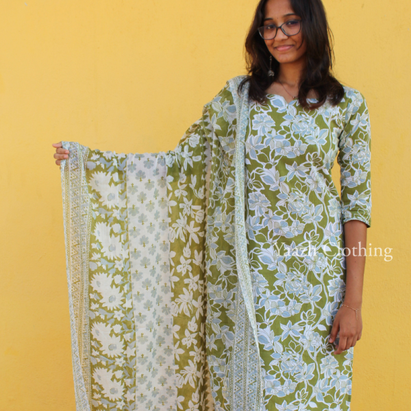 Elegant Olive Green Floral Printed Salwar Set with Dupatta